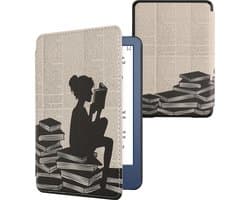 kwmobile e-reader hoesje geschikt voor Amazon Kindle (2022/2024) hoes - E reader flip case met magnetische sluiting - Ereader cover - Meisje met boeken design in zwart / beige