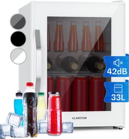 Klarstein Drankkoeler minikoelkast met glazen deur, minikoelkast voor op de kamer, kleine met verstelbare schappen, kleine koelkast van 33 liter, stille koelkast voor binnen en buiten - Drankenkoelkast - Touch - Wit - Drankkoelkast — thumbnail 1