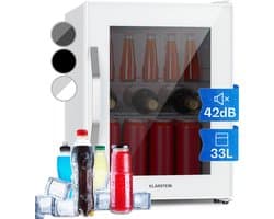 Klarstein minikoelkast met glazen deur, minikoelkast voor op de kamer, kleine drankkoeler met verstelbare schappen, kleine koelkast van 33 liter, stille koelkast voor binnen en buiten