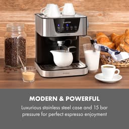 Klarstein 1,5L portafilter koffiemachine voor 2 kopjes koffie, mini espressomachine met melkschuimer, 15 bar portafilter koffiemachine, kleine, goede espressomachine, roestvrijstalen espressomachine 1050W — thumbnail 2