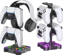 Intelectro Headset Stand / Controller Stand - Upgrade je Gaming Setup met de Ultieme RGB Gaming Koptelefoonhouder! - Verschillende Lichtmodi - Draaibaar - USB Opladen - Eenvoudige Installatie - Multipurpose - Zwart - Levering Sneller dan Aangegeven! — thumbnail 1