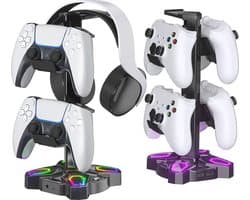 Intelectro Headset Stand / Controller Stand - Upgrade je Gaming Setup met de Ultieme RGB Gaming Koptelefoonhouder! - Verschillende Lichtmodi - Draaibaar - USB Opladen - Eenvoudige Installatie - Multipurpose - Zwart - Levering Sneller dan Aangegeven!