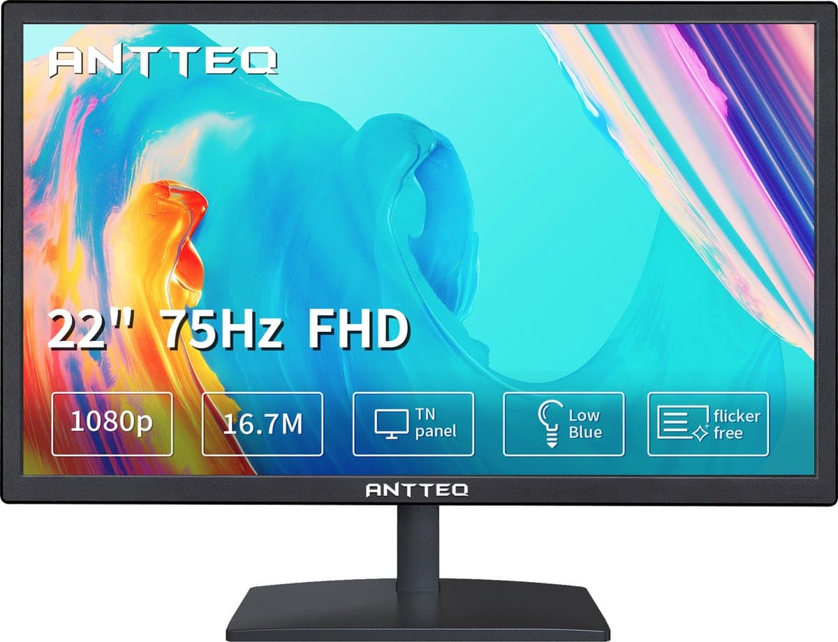 ANTTEQ F2145M - 22 inch Full HD Monitor – 75Hz – TN Paneel – 99% sRGB – Blauw Licht Filter – HDMI/VGA – VESA 100x100 — afbeelding 1