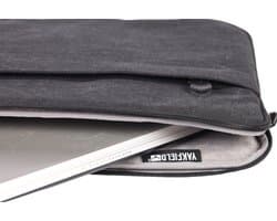 Yakfield - Laptophoes - Laptop Sleeve - Vintage Black - Canvas - Zwart - Grijs - Kado man - Foam Protectie - Zachte Binnenvoering - Ook voor macbook - tot en met 15 inch - 2 afsluitbare vakken - buitenmaat 38x28x5cm