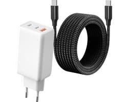USB C Adapter 3 Poorten + USB C naar USB C Kabel - GaN 65W Snellader USB-C - 3 Meter Lang - USB C Stekker Lader Oplader