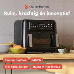 KitchenBrothers Dubbele Airfryer - PFAS-Vrij - 2400W - Dual Zone - 9L - Snackverdeler - Heteluchtfriteuse - Airfryer XXL - 10 Kookprogramma's - Zwart — thumbnail 2