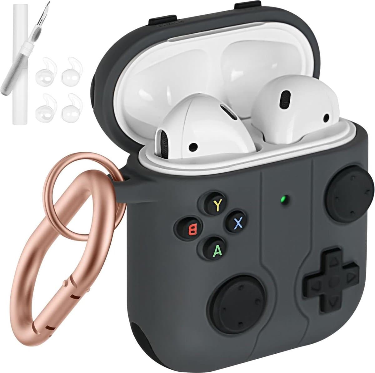 Zachte siliconen beschermhoes - compatibel met AirPods 2 & 1 - inclusief reinigingspen en hoofdtelefoonhoes - schokabsorberend - met karabijnhaak — afbeelding 1