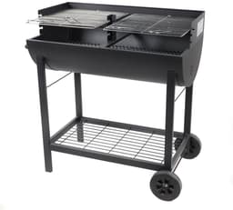 Grote houtskoolbarbecue ELITE met wielen en zijtafel – Dubbel grillrooster – Zwart staal – 102x55xH95 cm – 8-10 personen — thumbnail 1