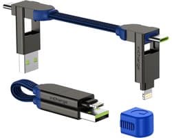 Rolling Square inCharge X 6-in-1 Oplaadkabel 9 cm - USB-C, Micro-USB & Lightning Kabel voor iPhone, iPad, Android & Laptop - 60W Snelladen & Data Transfer - Blauw