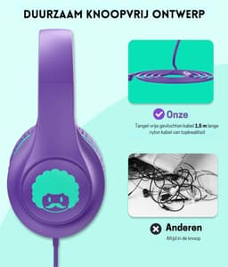 StayPowered Kinder Koptelefoon - Comfortabel en Duurzaam Ontwerp - HD Microfoon - Opvouwbaar Ontwerp - Rijke Stereo Bass - Verwikkelingvrij Nylon Kabel - Verstelbare Pasvorm - Universele 3,5 mm Jack - Paars/Groen - Levering Sneller dan Aangegeven! — thumbnail 4