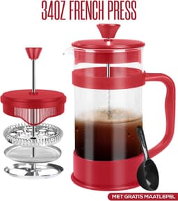 French Press/Franse Pers Koffiezetapparaat, Koffie of Thee Maker met Drie Filters, Hittebestendig Borosilicaatglas met Stalen Zuiger - 1000ml / 1 Liter / 34Oz - Rood — thumbnail 3