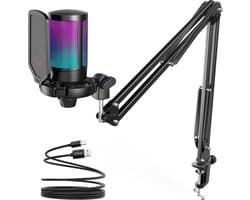 FIFINE A6T - USB Gaming Microfoon - PC-Gaming Met Arm ( 66cm! ) - Geschikt voor PC/PS4/PS5 - RGB - Podcast - Gaming - Streaming - Zwart