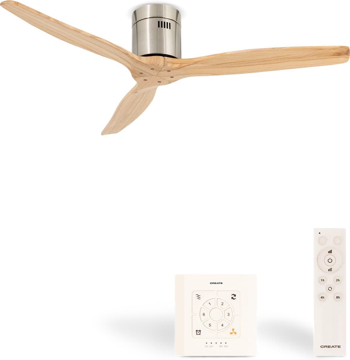 CREATE - Plafondventilator 40W silent Ø132 cm - Controller voor wandmontage - afstandsbediening - Niquel Naturel Hout- WIND CALM — afbeelding 1