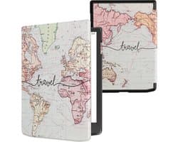 kwmobile e-reader hoesje geschikt voor Pocketbook InkPad 4 / Color 3 / Color 2 / Vivlio InkPad 4 / InkPad Color 3 hoes - E reader flip case met magnetische sluiting - Ereader cover - Travel Wereldkaart design in zwart / meerkleurig