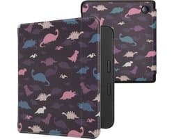 kwmobile e-reader hoesje geschikt voor Kobo Libra 2 hoes - E reader flip case met magnetische sluiting - Ereader cover - Bonte dinosauriërs design in paars / geel / blauw