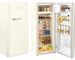 HCK Retro Koelkast met vriesvak BC-330RD - H 152cm -281 L - Crèmekleur - Scharnier Rechts - Vintage Design - 39 dB - Koelen 0 tot + 10 °C - Vriezen -15 tot -25°C - Flessenrek - Hoogte 152.4 cm