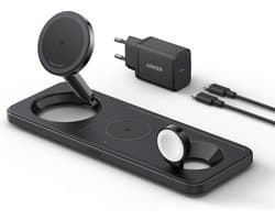 Anker MagGo 3-in-1 Draadloos Oplaadstation - 15W Wireless Charger - Voor telefoons, oordopjes en smartwatches - Qi2-gecertificeerd - Inklapbaar en Compact Ontwerp - Inclusief 40W USB-C Adapter - Zwart