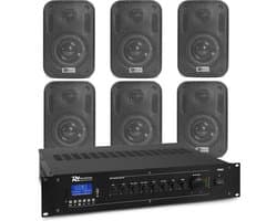 Power Dynamics buitenspeakerset - 6x zwarte 60W speakers en 100V versterker - Bluetooth & mp3 speler