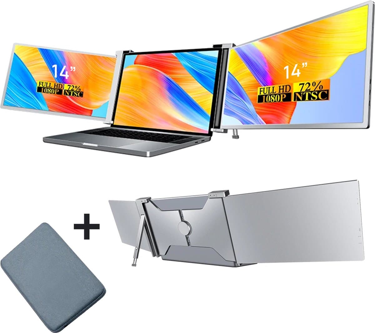 Portable Monitor Pro 2025 - Full HD - 14” / 17,3” - Tri-Screen - Laptop Scherm Uitbreider - Inclusief Beschermhoes en Kabels - Grijs — afbeelding 1
