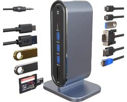 DrPhone XtremeHub – 12 In 1 USB-C Hub - Docking – Extra Aansluitingen voor Laptop / Desktop - 4x USB 3.0 – HDMI – VGA – Kaartlezer – Ethernet Gigabit – 3.5MM Audio – Grijs