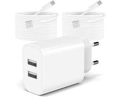 Dual USB-A Oplader + 2x 8 pin Kabel – Geschikt voor Apple iPhone - 3 Meter - USB Stekker – Snellader – Fast Charger - Dubbele USB Stekker – USB A - 12W - Wit