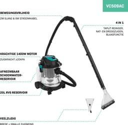 VONROC Tapijtreiniger 1400W – Alleszuiger - voor nat- en droog zuigen - incl. reinigingsmiddel & diverse zuigmonden — thumbnail 5