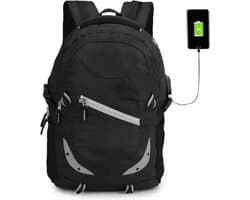 Reislaptoprugzak met USB-oplaadpoort – Zwart & Grijs | Laptop Rugzak Heren & Dames | Past tot 16 inch Laptop, Compatibel met 15.6 & 14 inch
