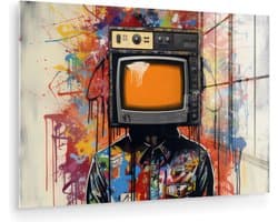 MuchoWow® Glasschilderij 90x60 cm - Schilderij acrylglas - Televisie - Graffiti - Mens - Kleuren - Foto op glas - Muurdecoratie woonkamer - Wanddecoratie slaapkamer - Schilderijen