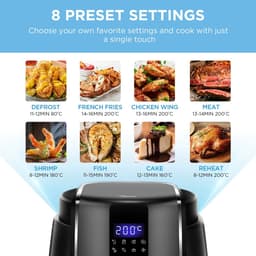 Digitale Airfryer - PFAS vrij - Groot 4 Liter - Heteluchtfriteuse - Zwart - Digital screen - 8 Voorinstellingen - Inclusief in hoogte verstelbaar Grillrack - 1500W - 35-200°C - voor Bakken, braden, grillen, ontdooien, schudalarm — thumbnail 2