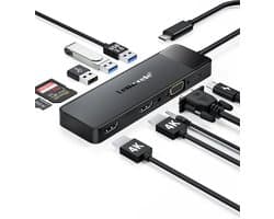 Lemorele™ TC94 10-in-1 USB-C Docking Station – Dual HDMI 4K, VGA, USB 3.0, Audio, SD/TF, 100W PD – Compatibel met Windows, MacBook, Dell, HP, Surface