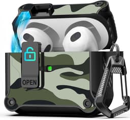 Case geschikt voor Apple AirPods 4 Hoesje - Waterdicht - 100% Shockproof Case - Vergrendelknop - Legerprint Groen — thumbnail 1