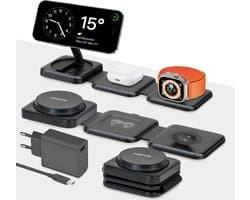 Draadloos Oplaadstation Geschikt voor iPhone 16/15/14/13/12 series, Apple Watch 10/9/8/7/6/5 en AirPods Pro/3/2/1 18W – 3-in-1 Draadloze Oplader - Wireless Charger - Zwart