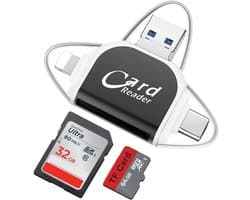 4 IN 1 8-Pin + USB + USB-C + Micro-USB naar SD + Micro-SD (tf) kaartlezer adapter kabel - cardreader geheugenkaart lezer - voor o.a. iPhone en laptop - zwart