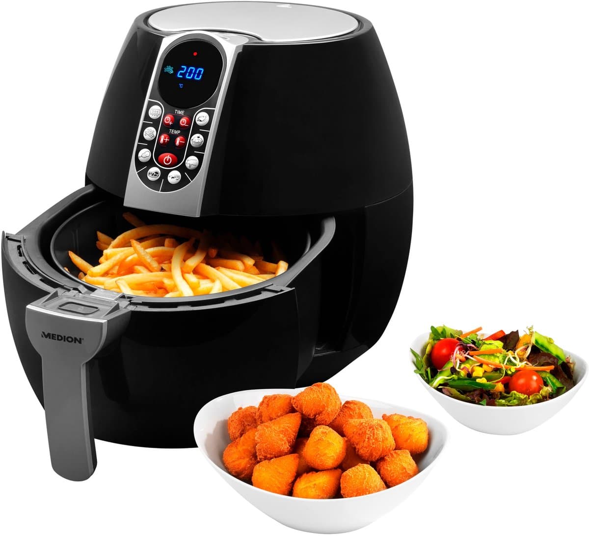 MEDION friteuse, ca. 1500 watt, digitaal bedieningspaneel, totale inhoud 4 liter, olievrij frituren, 30 min timer, oververhittingsbeveiliging, MD17320 zwart — afbeelding 1