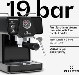 Klarstein Libeica Siebträgermaschine Met Maalmolen – 19 Bar, 1.350 W, RVS, 1,8-l-Watertank, Stoompijp, Touch-bedieningspaneel, Voor Espresso en Koffiepoeder, Afneembare Watertank — thumbnail 2