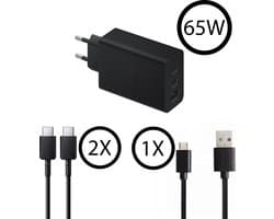 65W - Adapter - Inclusief 2 USB-C naar USB-C kabels en 1 USB-A micro kabel (1 meter) - 3 ingangen (2x USB-C - 1x USB-A) - Travel Charger - Super Snellader - Universeel - Voor iPhone 15/16, iPad Pro/Air, MacBook, Samsung Galaxy en Samsung Tab - Zwart