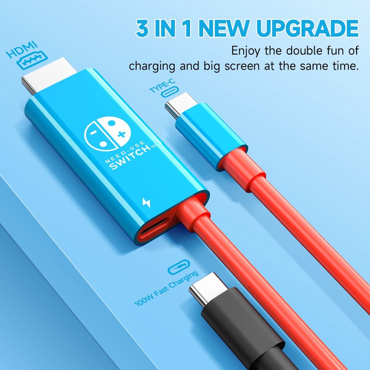 JINGDU USB type C naar HDMI-kabel voor Nintendo Switch/OLED, 3-in-1 High Speed 4K USB-C naar HDMI, ondersteunt TV/Steam Deck/laptop/pc, 2 m, rood en blauw — afbeelding 1