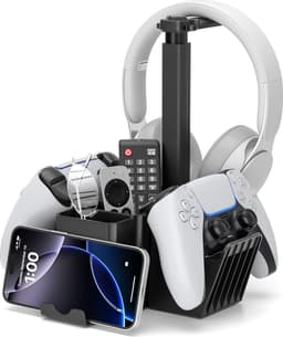 StayPowered Dubbele Controller Houder met Headset Stand - Ruimtebesparende en Stabiele Organisatie - 360° Draaibare Headset Haak - Stevige Controller Houder - Extra Opbergvakken - Antislip Basis - Zwart - Levering Sneller dan Aangegeven! — thumbnail 1
