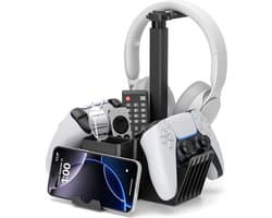 StayPowered Dubbele Controller Houder met Headset Stand - Ruimtebesparende en Stabiele Organisatie - 360° Draaibare Headset Haak - Stevige Controller Houder - Extra Opbergvakken - Antislip Basis - Zwart - Levering Sneller dan Aangegeven!
