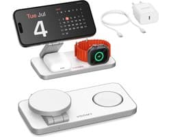 Voomy 3-in-1 Draadloze Oplader (15W Snellader) - Opvouwbaar Oplaadstation - Geschikt voor MagSafe, Apple Watch, Draadloze Oortjes - Wireless Charger - Inclusief Adapter - Wit