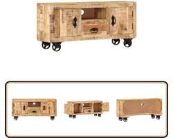 vidaXL Tv-meubel van mangohout met ijzeren wielen Televisie Kast - Industrieel Design - Mangohouten Meubilair - Salontafel - Tv Stand