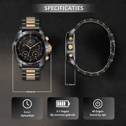 Royal Empire Amoled PRO Smartwatch - Smartwatch Heren - Stappenteller - Bloeddrukmeter - Hartslagmeter - Slaapmonitor - Multisport - 46MM - RVS en Leren bandje - Geschikt voor alle Smartphones - Kleur Zwart/goud — thumbnail 5