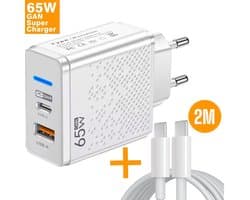 Snellader Usb C Adapter 65W - Incl 100W Usb C kabel - 2M Usb C kabel - GaN Supercharger 65W - Geschikt voor Iphone Samsung - oplader