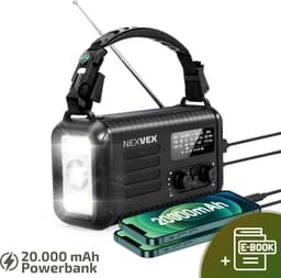 Nexvex® Pulse 2X Noodradio Powerbank 20000mAh - Solar Powerbank Zonneenergie - Noodpakket - Survival Kit Kamperen - Militaire Zaklamp LED Oplaadbaar - Draagbare Radio Wandelen - Leeslamp - Nood Kompas - Opwindbaar - Zonnepaneel - Noodrantsoen - Zwart — thumbnail 1