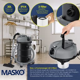 MASKO® Alleszuiger 6IN1 Nat- en Droogzuiger 2300W + stopcontact, Blaasfunctie, Droog- & natzuigen | Industriële stofzuiger vuilreservoir 30L Bouwstofzuiger - Grijs — thumbnail 5