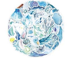 Oceaan Stickers 50 Stuks | Aquarel Stickers | Schelpen | Vissen | Walvis | Blauw | Zeepaardje | Zeeleven | Laptop Stickers | Stickers Kinderen en Volwassenen | Stickervellen | Plakstickers | Koffer Stickers | Stickers Bullet Journal en Planner