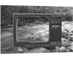 Vlag - Oude Vintage Televisie met Doorkijk op Rivier (Zwart-wit) - 90x60 cm Foto op Polyester Vlag