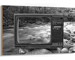 Hout - Oude Vintage Televisie met Doorkijk op Rivier (Zwart-wit) - 120x80 cm - 9 mm dik - Foto op Hout (Met Ophangsysteem)