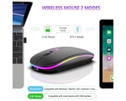 Matte Zwart Draadloze oplaadbare RGB muis- geluidloze klik - Voor Pc Ipad Laptop Mobiele Telefoon_ergonomisch - bluetooth - soft-touch muis - Matte Zwart - RGB LED light