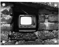 Tuinposter – Ouderwetse Televisie in de Muur (Zwart-wit) - 40x30 cm Foto op Tuinposter (wanddecoratie voor buiten en binnen)